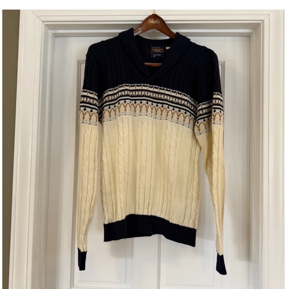 Vintage JCPenney Mens XL Tall Cable Knit Shawl Collar Sweater Navy Cream Fair